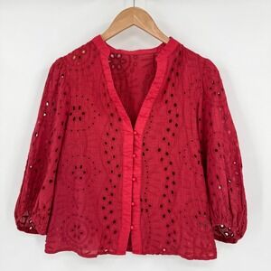 Red Eyelet Embroidered Button Up Blouse Band Collar Puff‎ Sleeve Women's